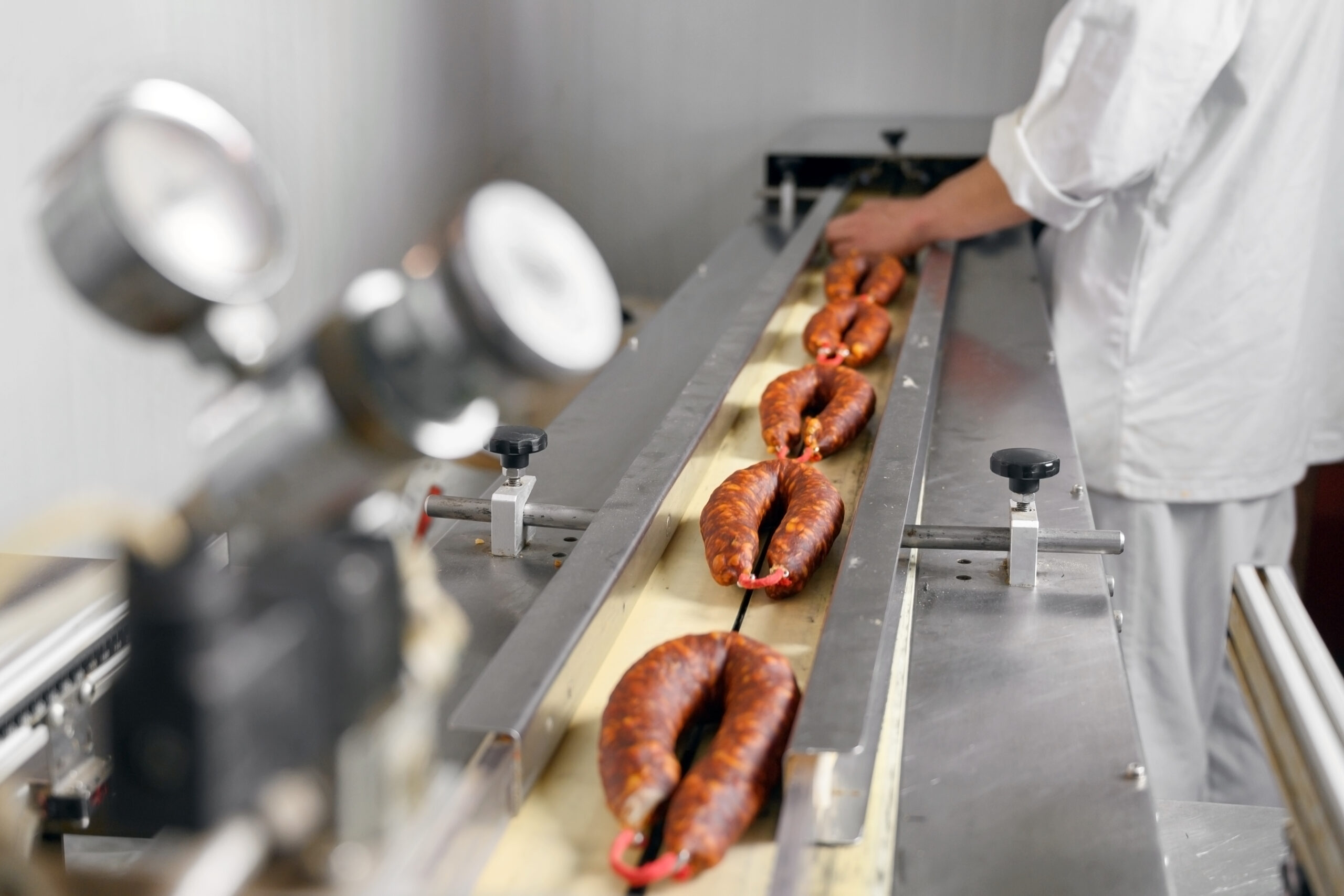 worker on an sausage that has had sodium nitrite added it it, assembly line at a meat packing facility
