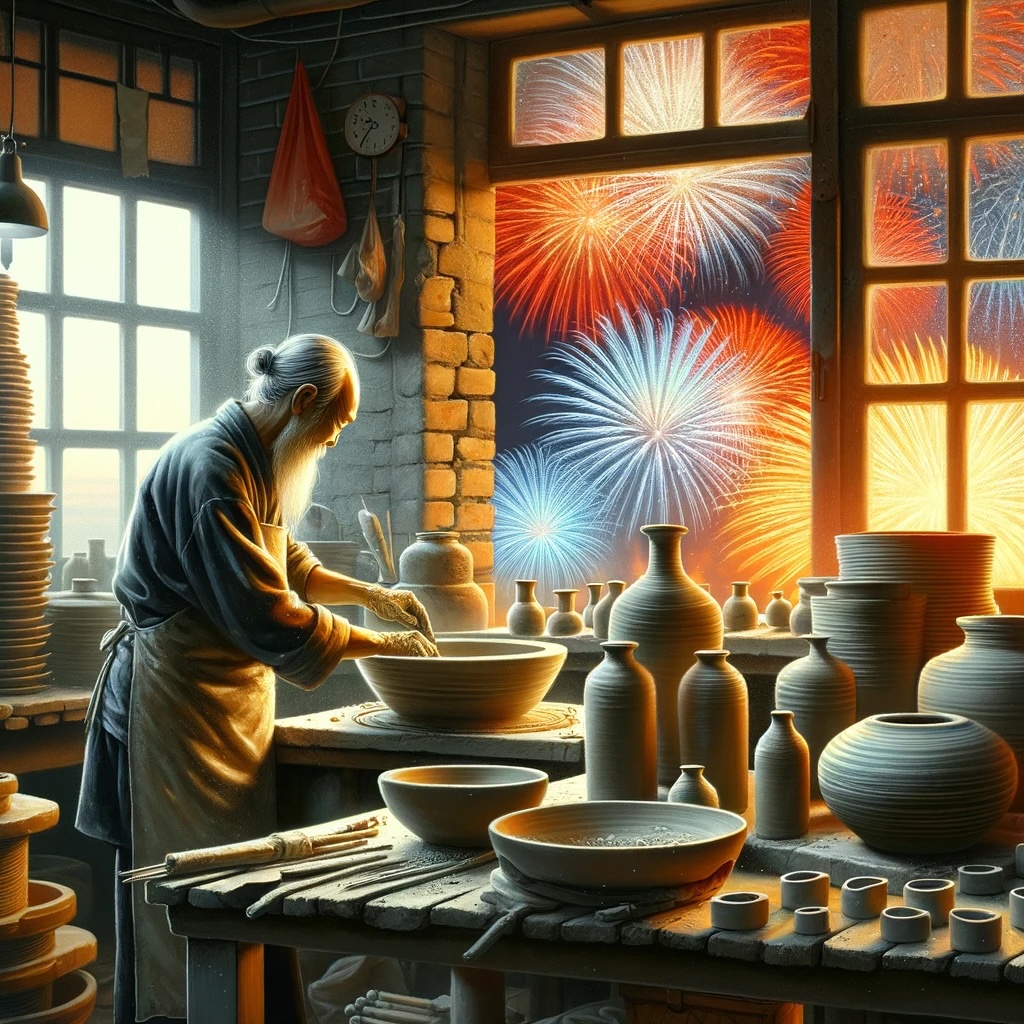 An elderly ceramic artist working on a pottery wheel with colorful fireworks illuminating the night sky through the window in the background