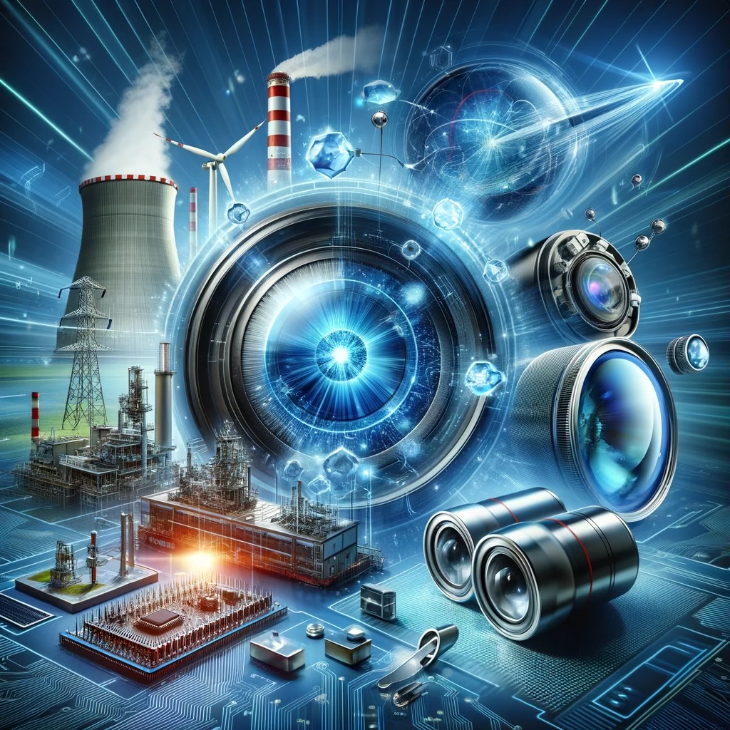 A futuristic and highly detailed image showcasing a synergy of industrial and technological elements, with a focus on the role of fluorides. The composition includes a nuclear power plant, wind turbines, and intricate machinery, all interconnected with digital circuitry and lenses, symbolizing the integration of advanced technology and fluoride applications in industrial settings.