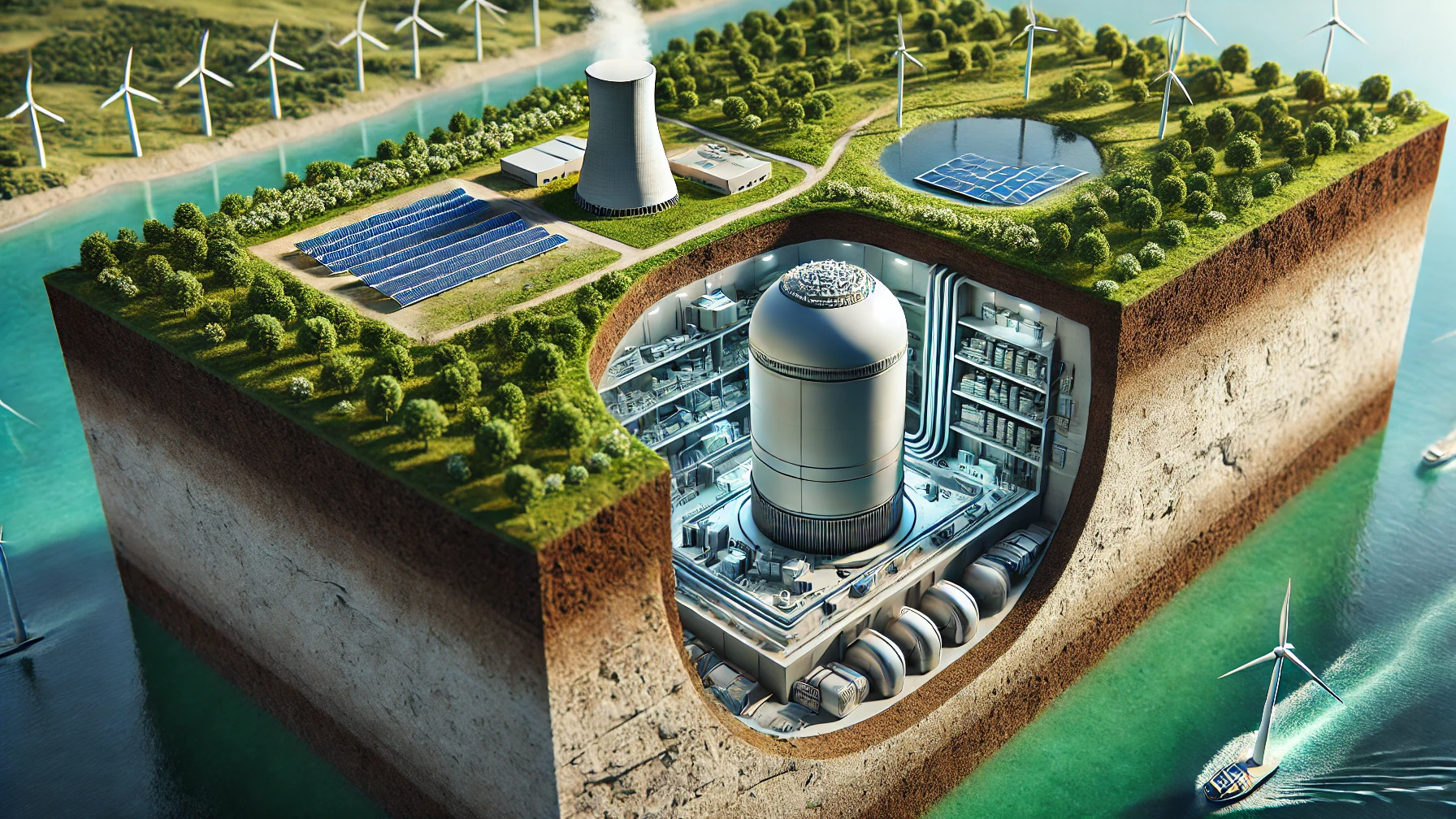 Illustration of an underground small modular reactor with a cutaway view, surrounded by green landscape, wind turbines, solar panels, and a clean river, symbolizing sustainable energy integration.