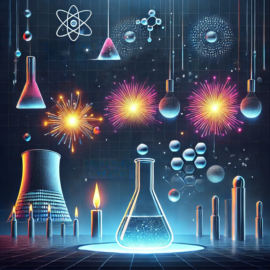 A visually striking illustration representing the chemistry of Strontium Acetate, highlighting its glow-in-the-dark properties and nuclear applications. The image features elements such as fireworks, a high-tech nuclear reactor, laboratory flasks, test tubes, and chemical symbols.