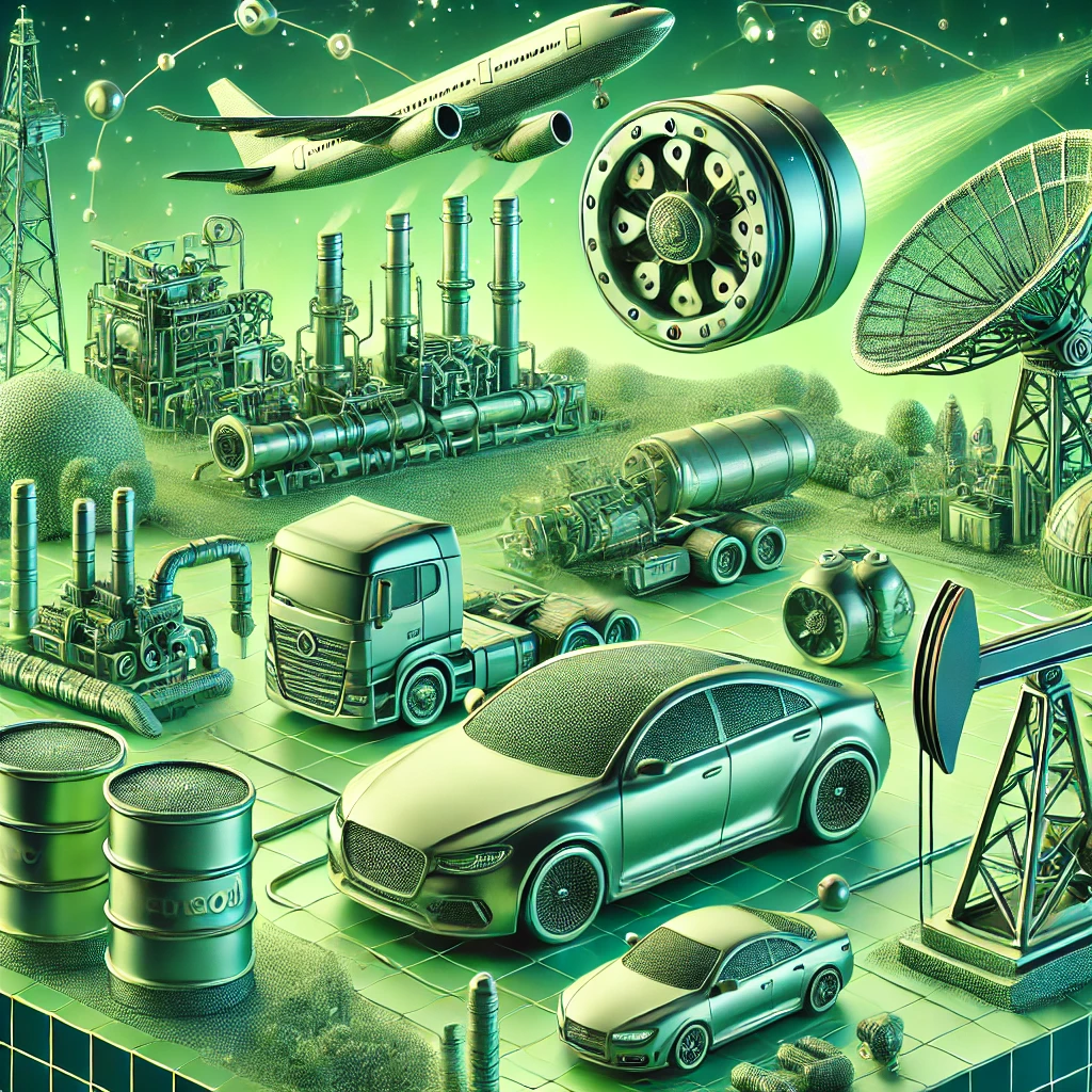 A detailed 3D illustration showcasing the applications of Chromium Oxide (Cr2O3) in the automotive, aerospace, and oil and gas industries with a utopian and positive feel, featuring futuristic cars, modern airplanes, and innovative oil rigs in light green hues.