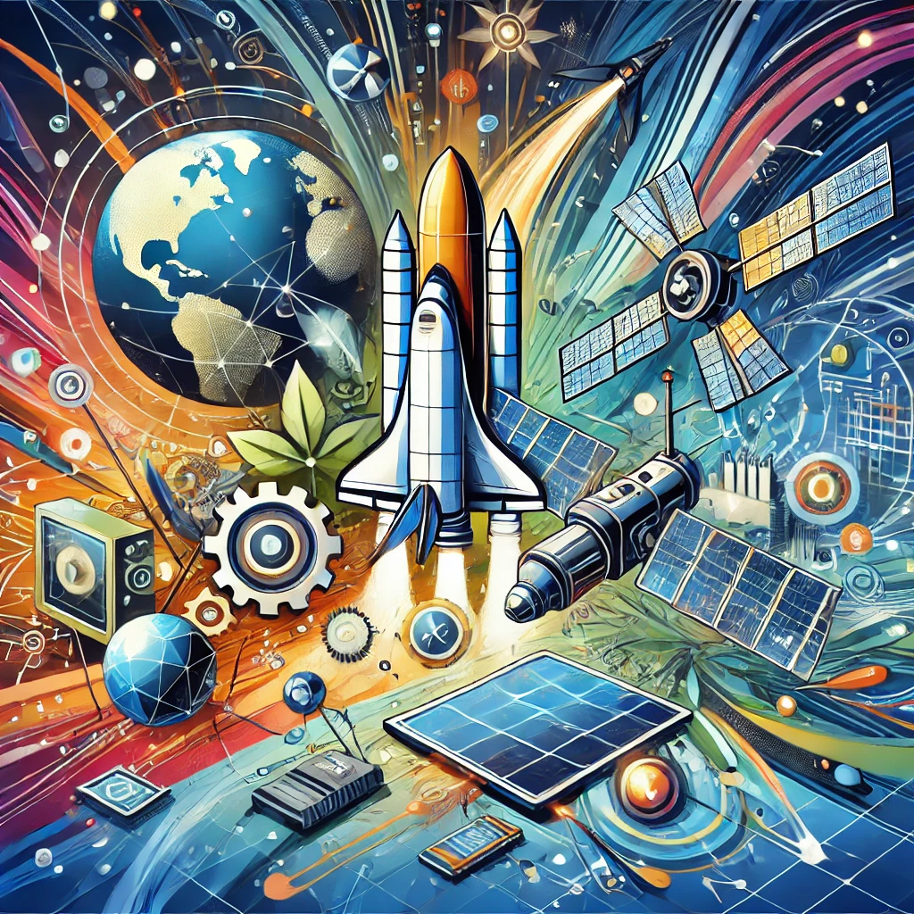 A vibrant and cohesive illustration showcasing the interconnectedness of the aerospace, electronics, and energy industries that use boride. The image features elements like spacecraft, satellites, smartphones, circuit boards, wind turbines, and solar panels in a bold, colorful, and modern design.
