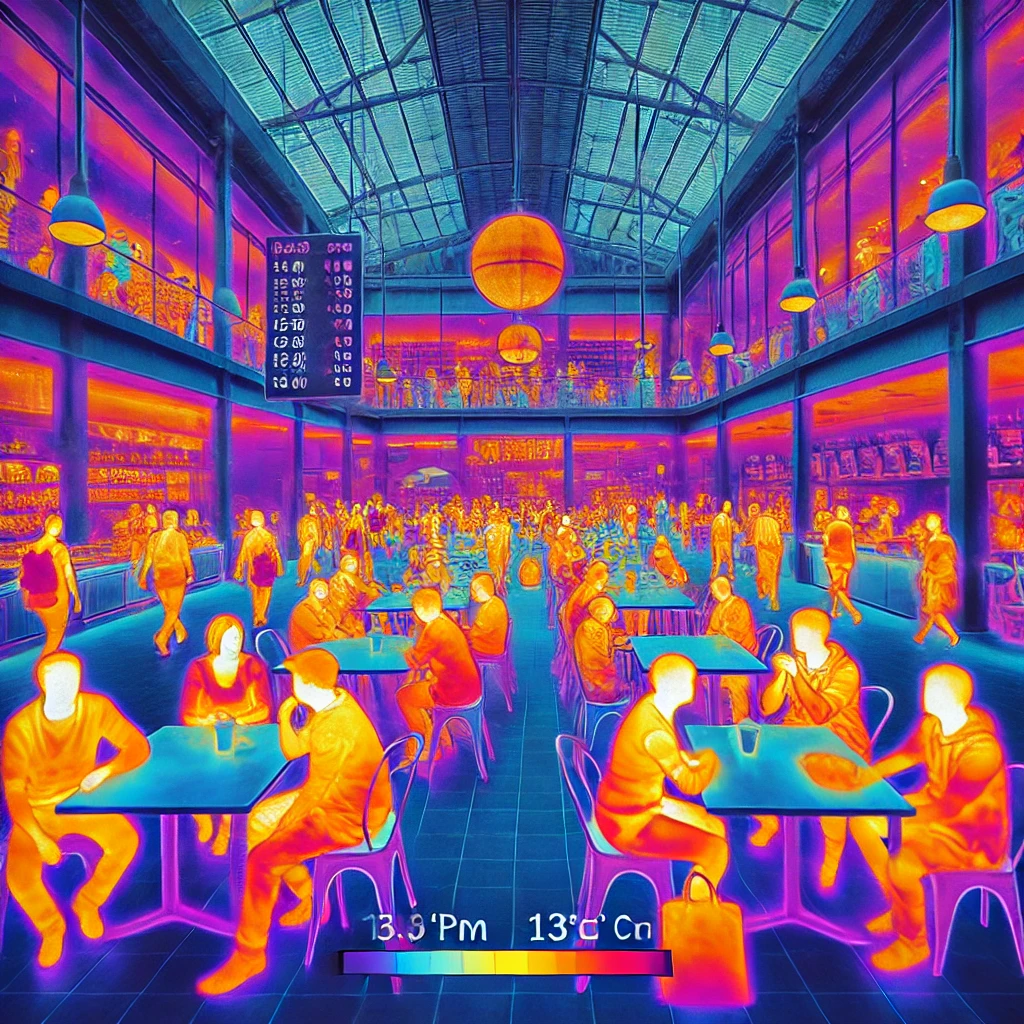 Infrared thermal image of people in a public indoor setting, showcasing temperature variations; representing the advanced applications of zinc sulfide in infrared optics.