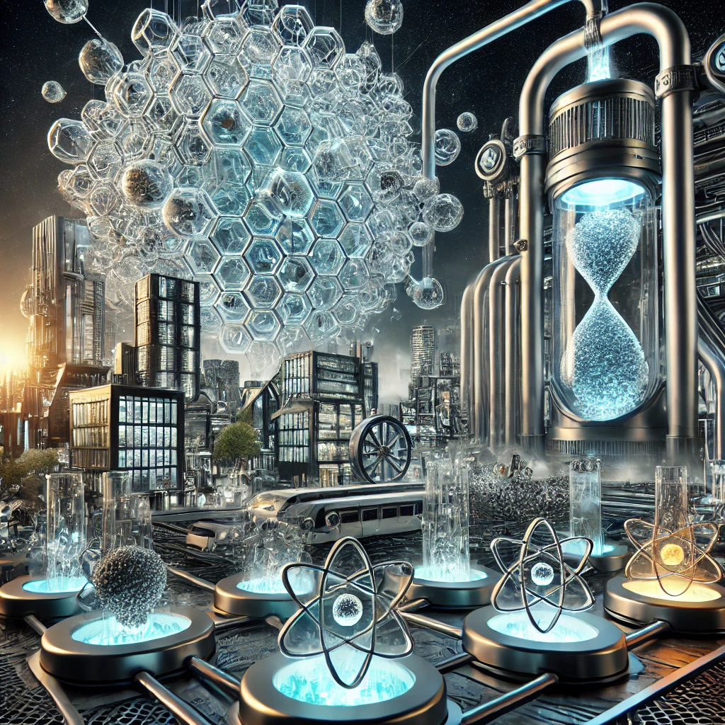 A futuristic scene showcasing advanced carbon capture technology, with a machine extracting CO₂ from the air, surrounded by chemical reactions that convert CO₂ into innovative materials like carbon nanotubes and graphene. The background features a modern city skyline with sustainable buildings, some equipped with graphene-based solar panels, all illuminated by clean energy sources.