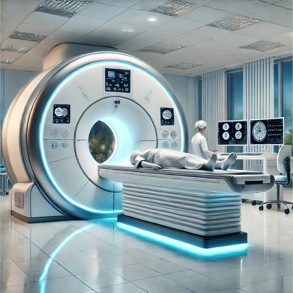 A modern MRI machine in a clinical setting with a patient lying on the table, surrounded by advanced medical equipment and monitors, supported by Barium Sulfate for enhanced imaging.