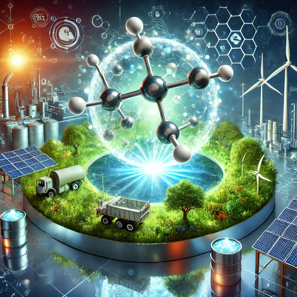 Futuristic landscape featuring sodium molybdate as a catalyst for sustainability, surrounded by solar panels, wind turbines, and industrial machinery.