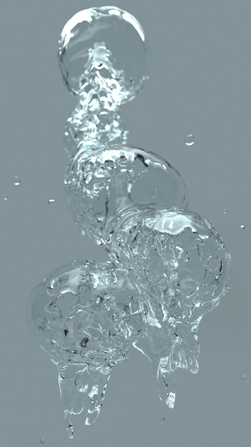 Transparent water bubbles rising and merging in clear liquid, illustrating the reaction dynamics of Sodium Thiosulfate.