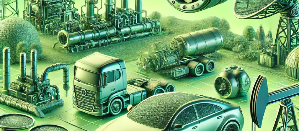 A detailed 3D illustration showcasing the applications of Chromium Oxide (Cr2O3) in the automotive, aerospace, and oil and gas industries with a utopian and positive feel, featuring futuristic cars, modern airplanes, and innovative oil rigs in light green hues.