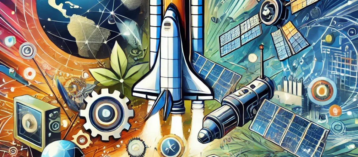 A vibrant and cohesive illustration showcasing the interconnectedness of the aerospace, electronics, and energy industries that use boride. The image features elements like spacecraft, satellites, smartphones, circuit boards, wind turbines, and solar panels in a bold, colorful, and modern design.