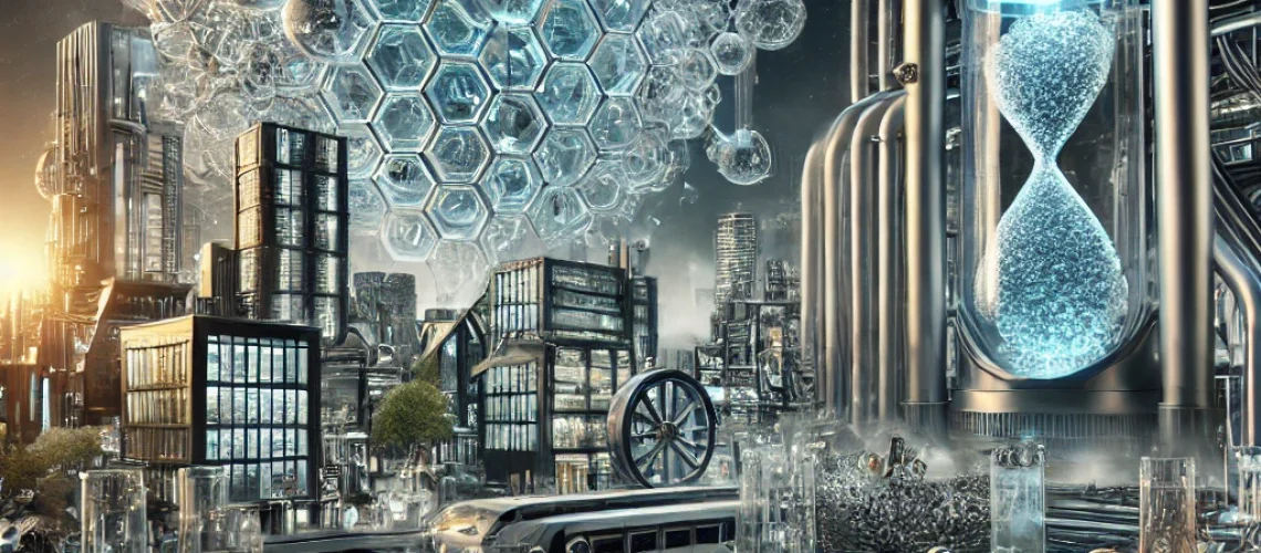 A futuristic scene showcasing advanced carbon capture technology, with a machine extracting CO₂ from the air, surrounded by chemical reactions that convert CO₂ into innovative materials like carbon nanotubes and graphene. The background features a modern city skyline with sustainable buildings, some equipped with graphene-based solar panels, all illuminated by clean energy sources.