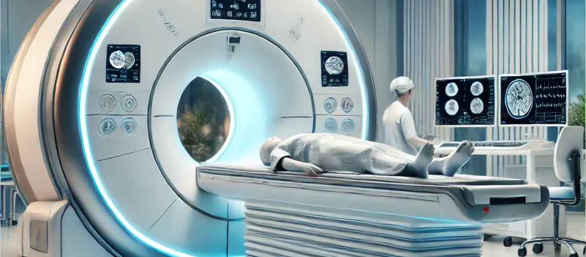 A modern MRI machine in a clinical setting with a patient lying on the table, surrounded by advanced medical equipment and monitors, supported by Barium Sulfate for enhanced imaging.