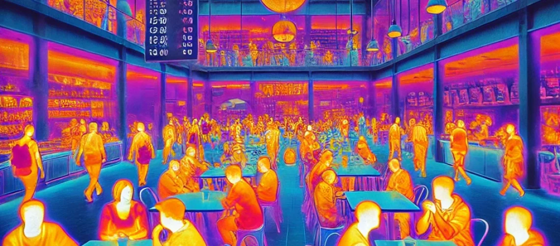 Infrared thermal image of people in a public indoor setting, showcasing temperature variations; representing the advanced applications of zinc sulfide in infrared optics.