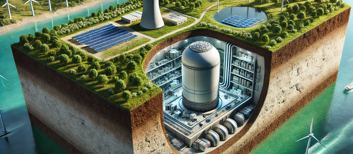 Illustration of an underground small modular reactor with a cutaway view, surrounded by green landscape, wind turbines, solar panels, and a clean river, symbolizing sustainable energy integration.