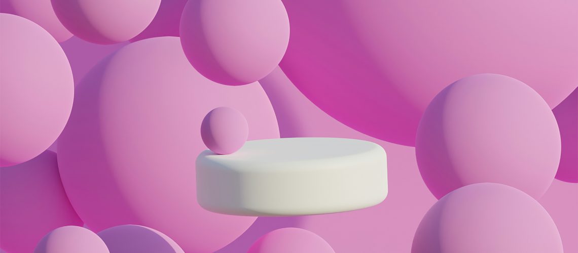 Abstract image representing the versatility of Chromium (III) Chloride with floating pink spheres and a white cylindrical shape.