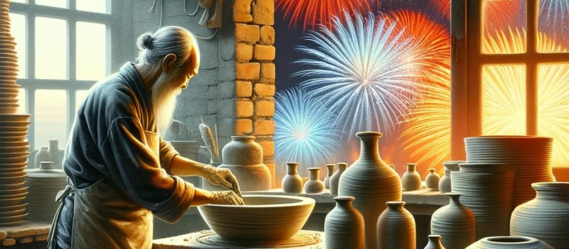 An elderly ceramic artist working on a pottery wheel with colorful fireworks illuminating the night sky through the window in the background
