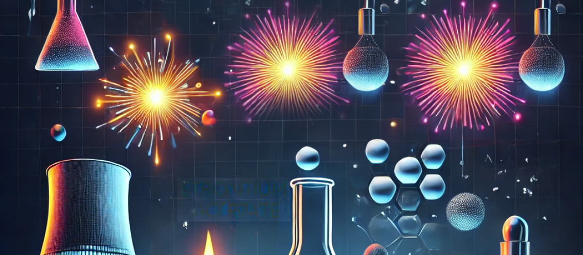 A visually striking illustration representing the chemistry of Strontium Acetate, highlighting its glow-in-the-dark properties and nuclear applications. The image features elements such as fireworks, a high-tech nuclear reactor, laboratory flasks, test tubes, and chemical symbols.